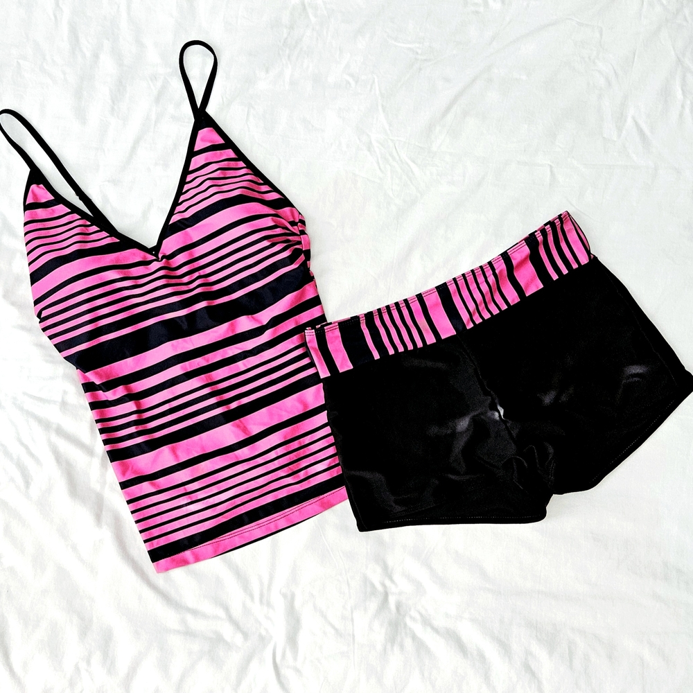 Pink and Black Striped Women's Swim Set